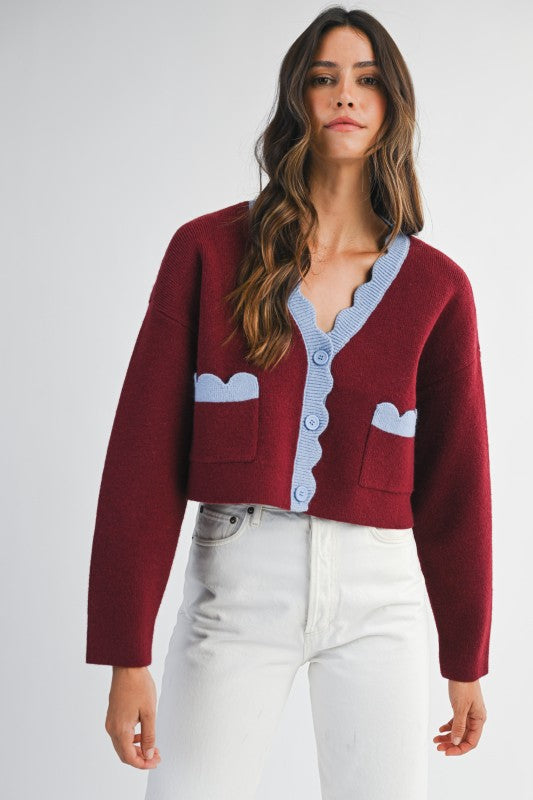 Wine Scallop Trim Cardigan