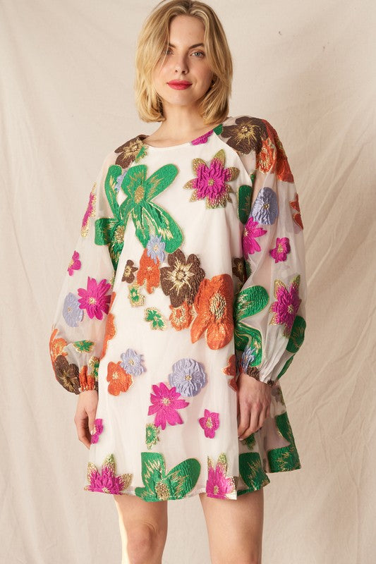 Creme Multicolor Bubble Sleeve Embroidered Floral Dress