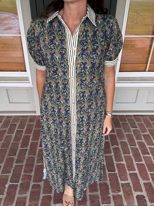 Navy Wheatgrass Button Up Midi