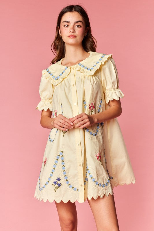Yellow Floral Embroidered Scallop Hem Dress