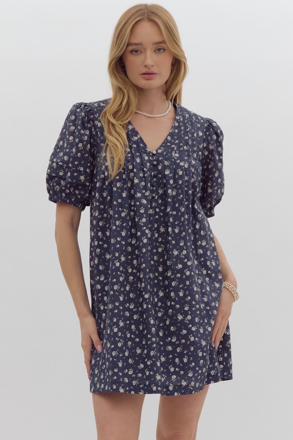 Navy Floral Puff Sleeve Dress