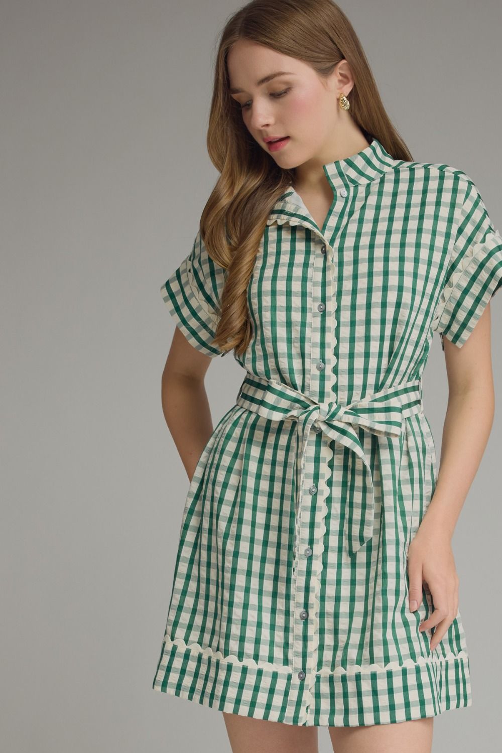 Green Gingham Ric Rac Tie Waist Dress