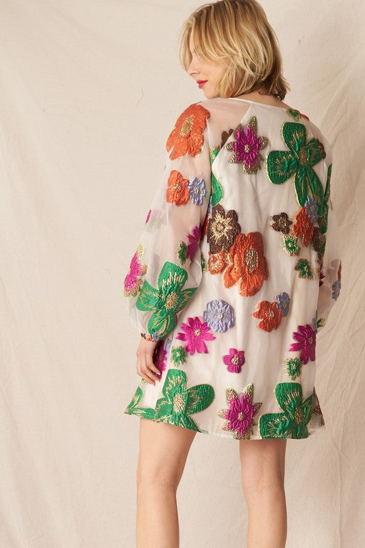 Creme Multicolor Bubble Sleeve Embroidered Floral Dress