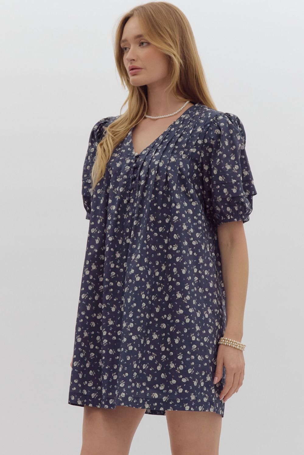 Navy Floral Puff Sleeve Dress