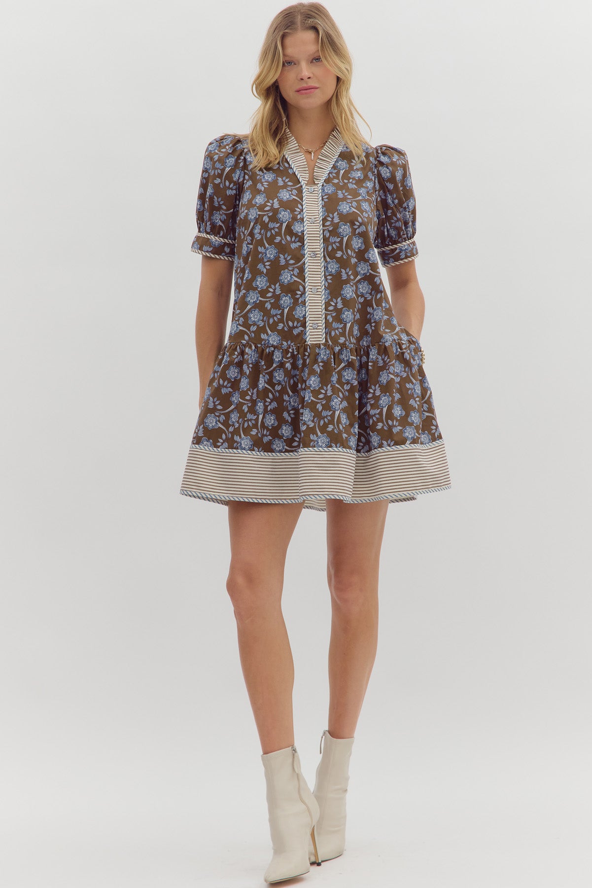 Brown and Blue Floral Dress