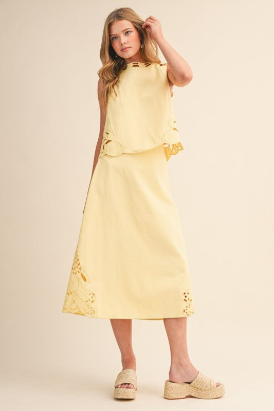 Yellow Embroidered Cut Out Midi Skirt Set