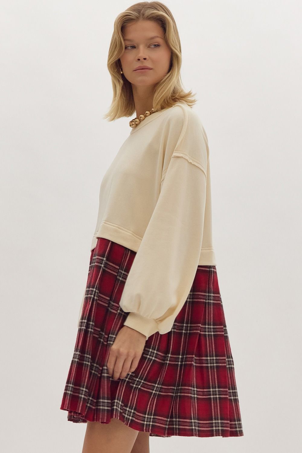 Ecru/Red Tartan Sweater Top Dress