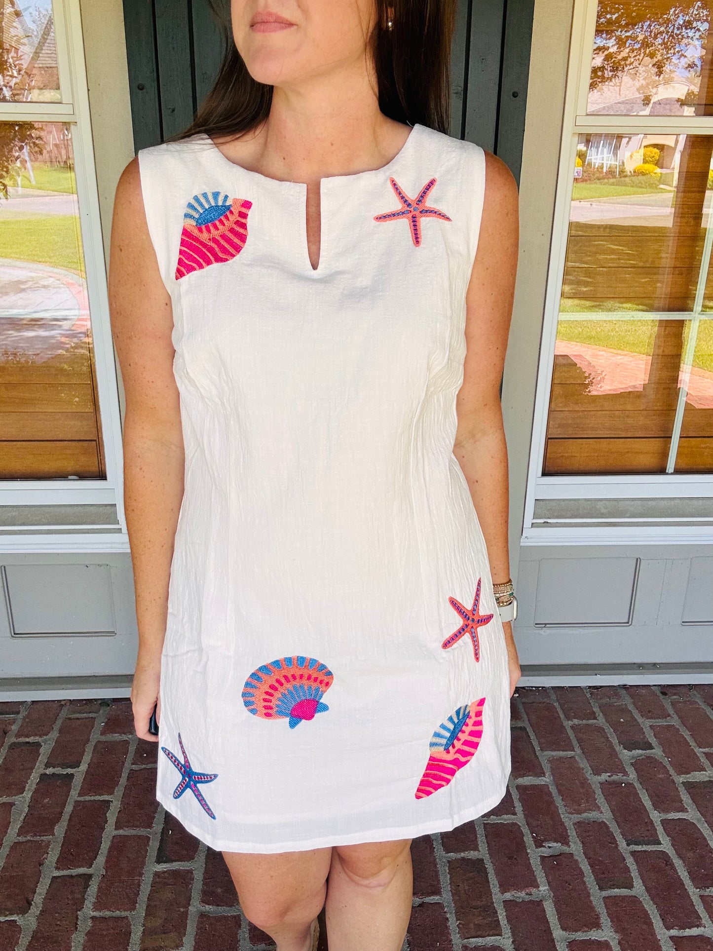 Shell Embroidered White Linen Dress