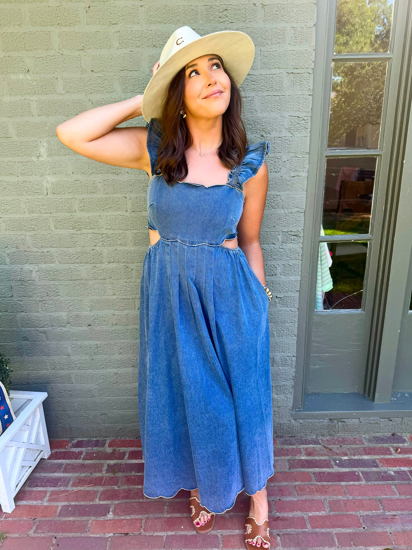 Denim Scallop Edge Midi Dress