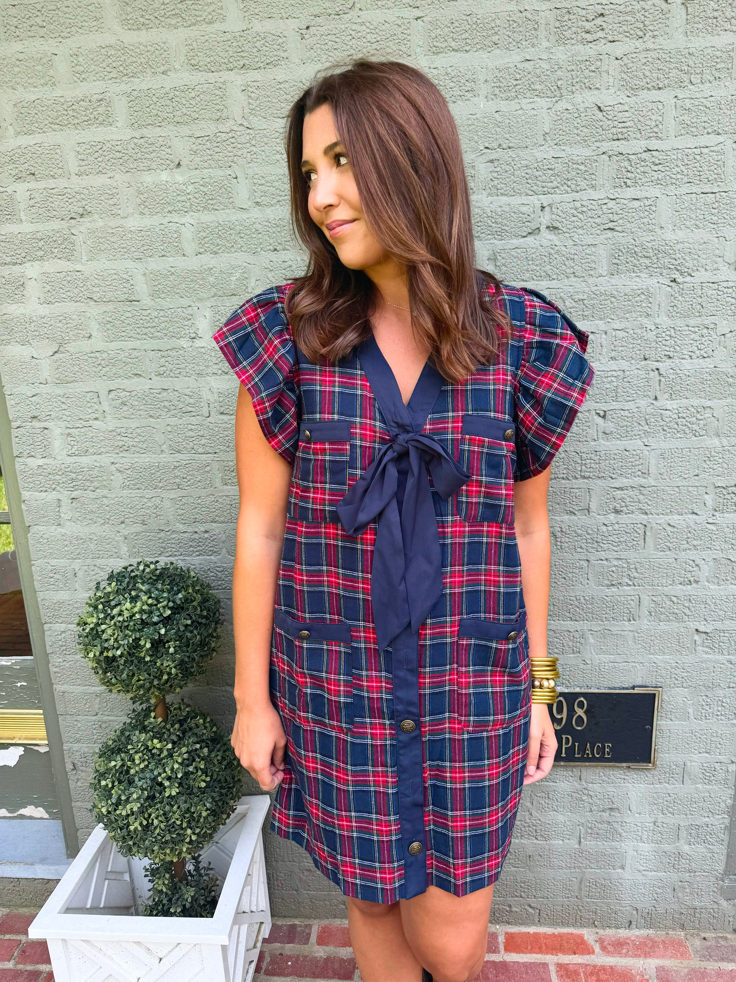 Navy Tartan Ruffle Sleeve Dress