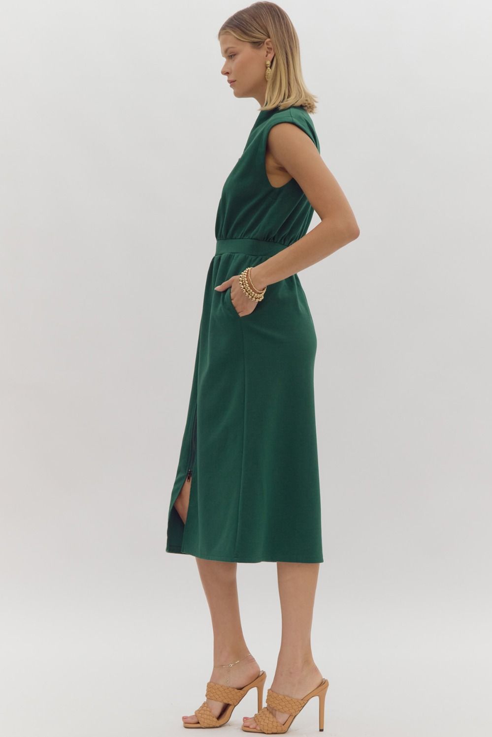 Green Sleeveless Zip Up Midi