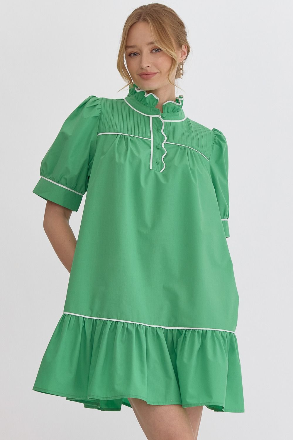 Kelly Green High Neck Ruffle Detail Dress