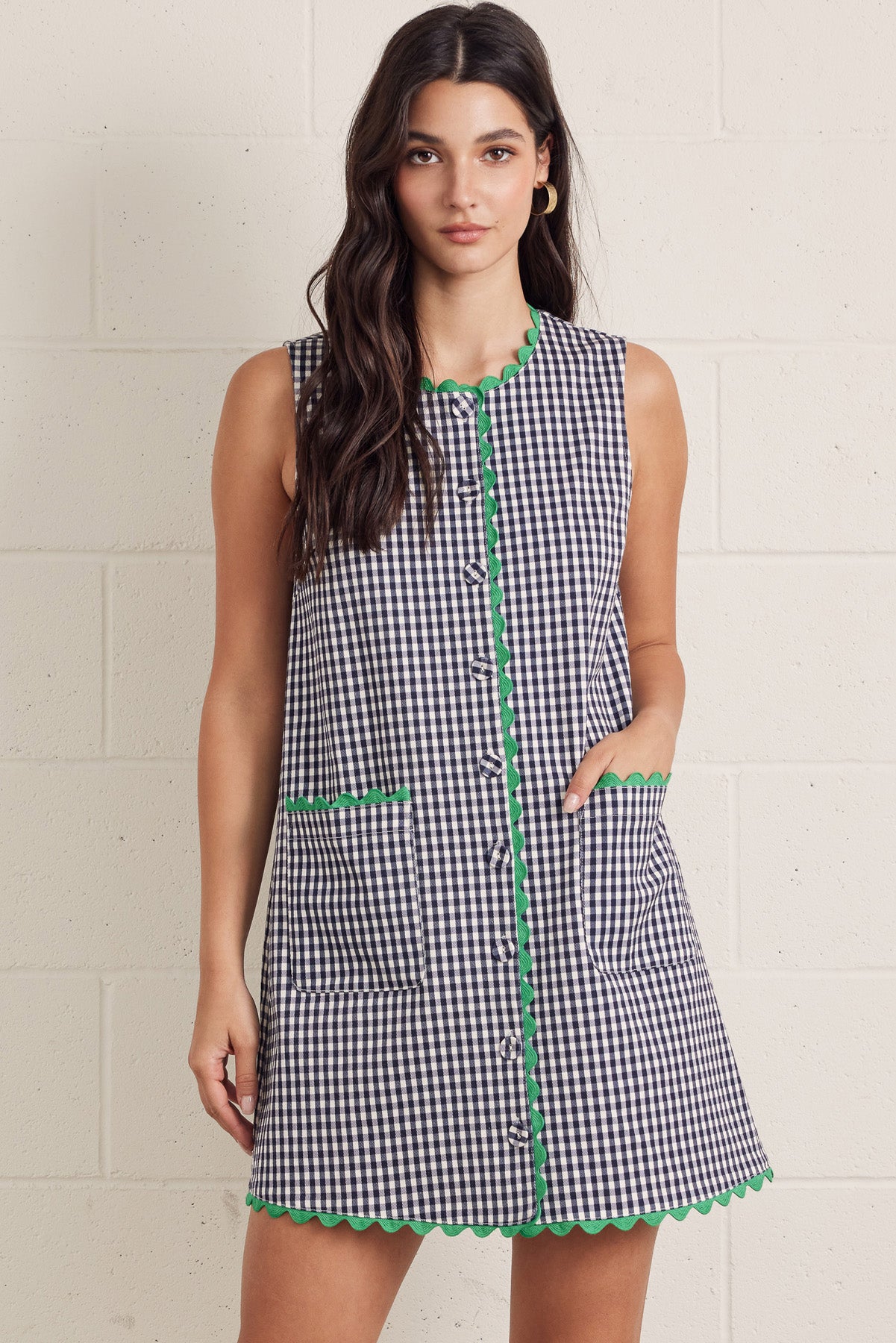 Navy Gingham with Green Ric Rac Trim Shift Dress