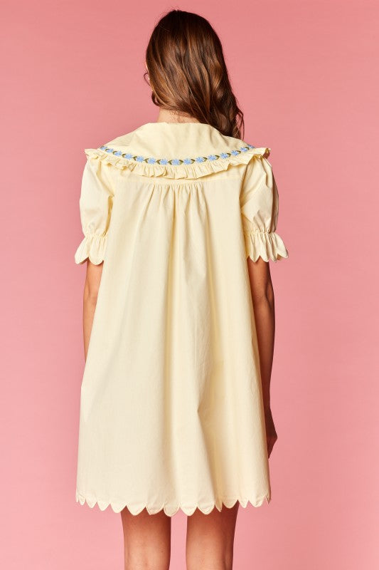 Yellow Floral Embroidered Scallop Hem Dress