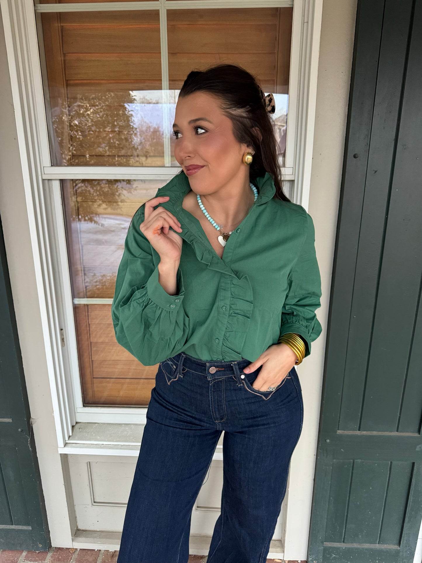 Pine Green Ruffle Neck Top