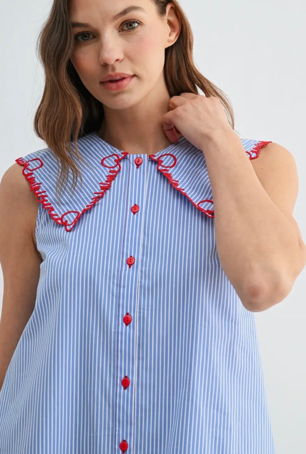 Red and Blue Embroidered Collar Shift Dress