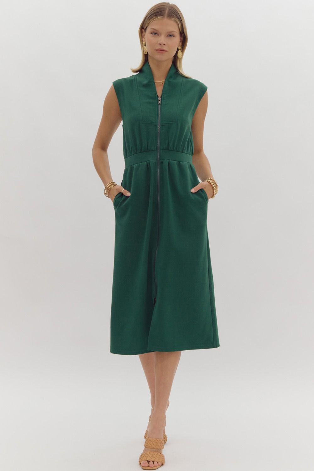 Green Sleeveless Zip Up Midi