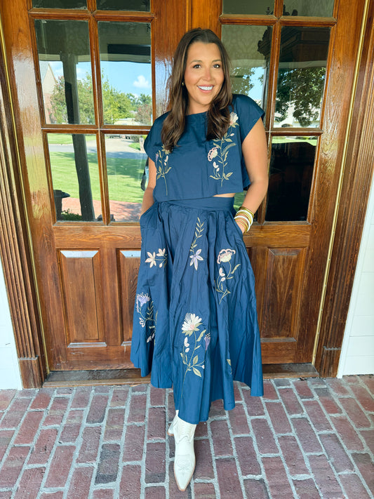Navy Embroidered Top and Skirt Set