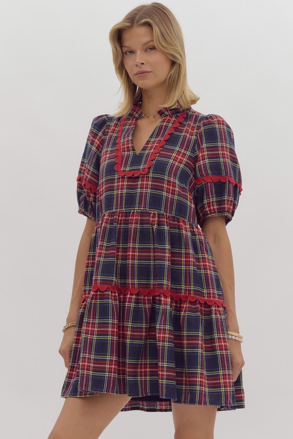 Navy Tartan Ric Rac Detail Dress