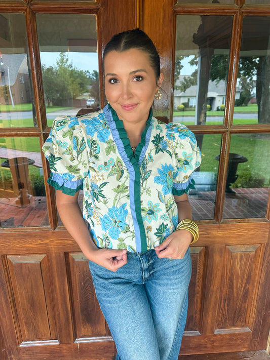 Blue Green Floral Ruffle Top