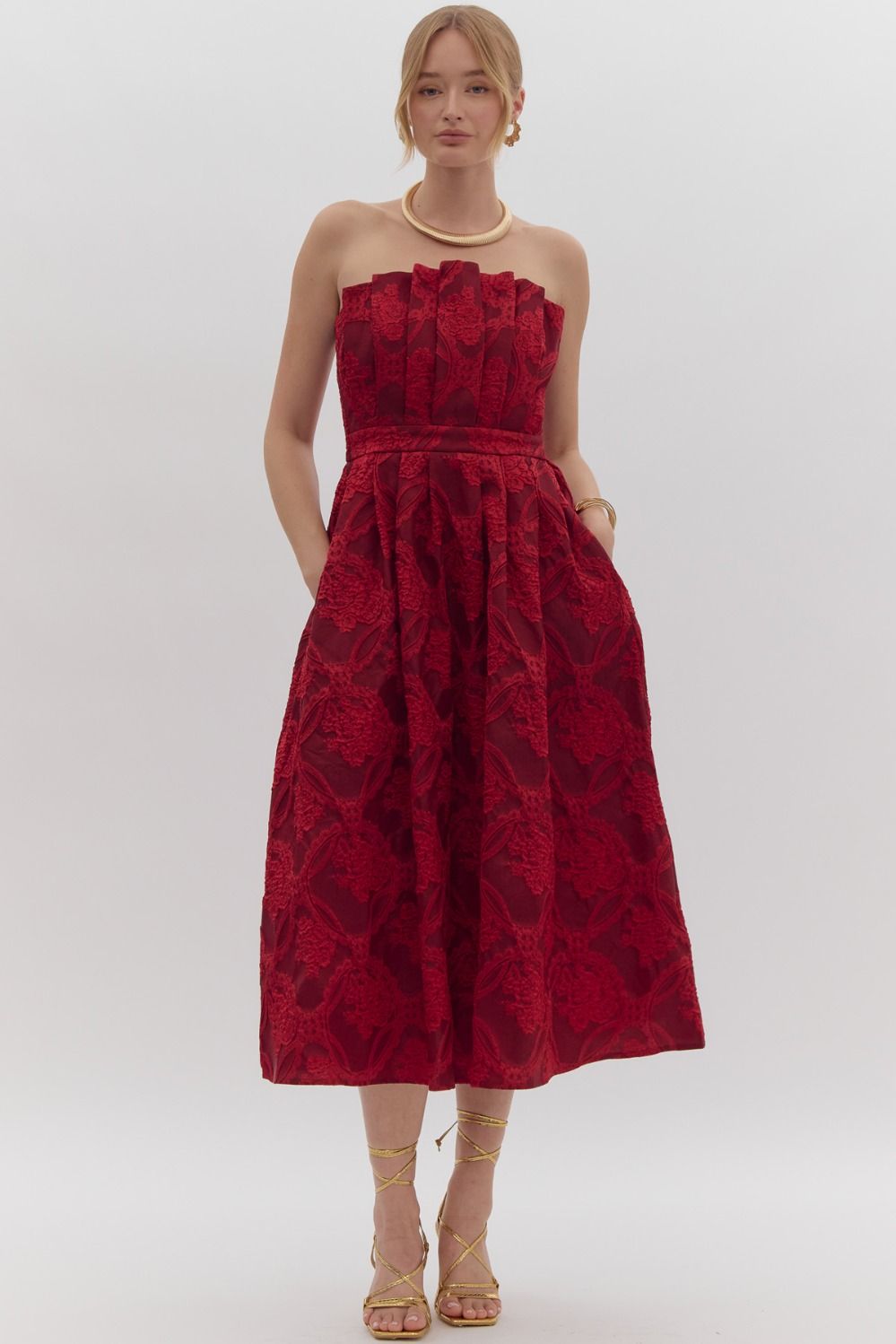 Ruby Strapless Embroidered Pleated Midi Dress