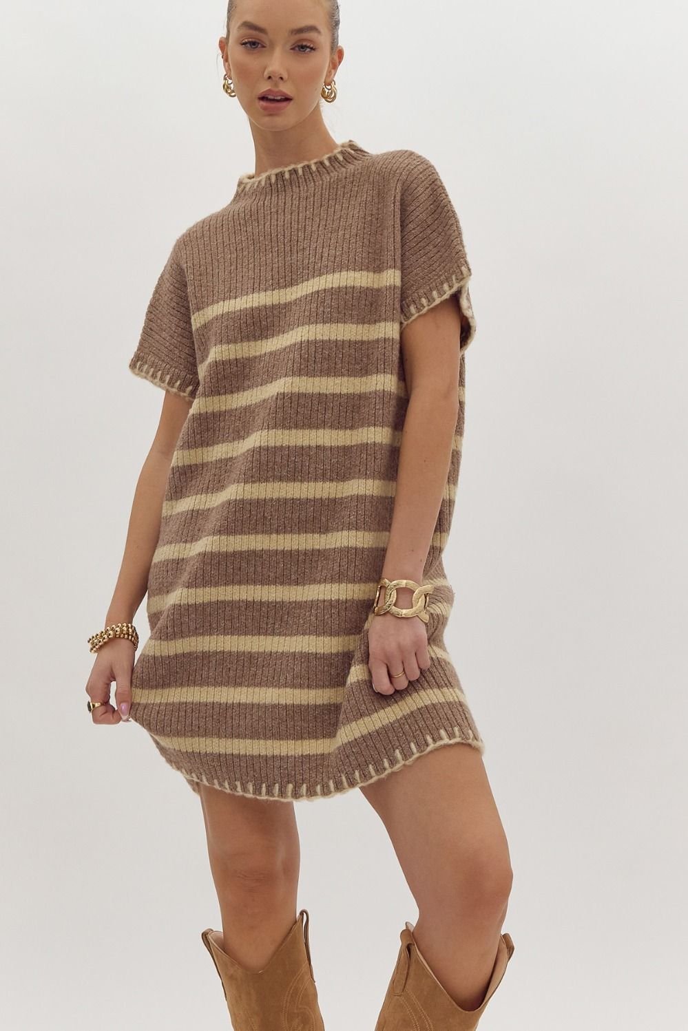 Mocha Striped Sleeveless Sweater Dress