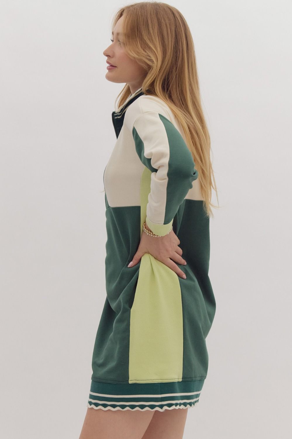 Green Colorblock Long Sleeve Dress