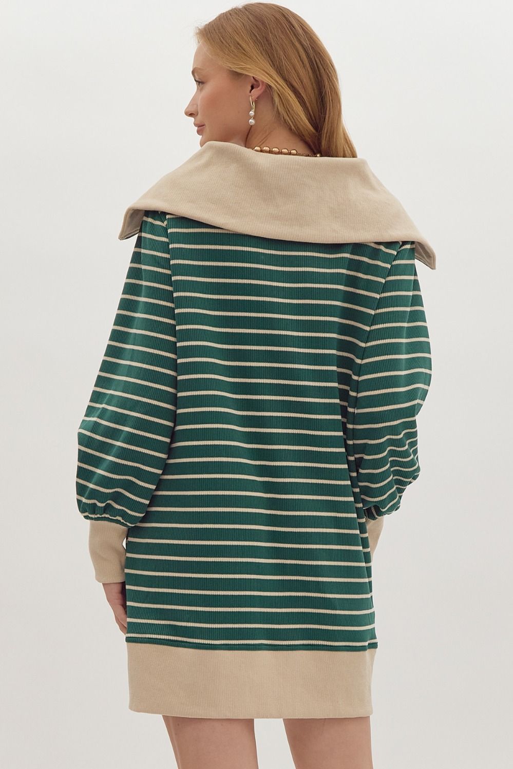 Green Stripe Ribbed Half Zip Over Sized Collar Dress