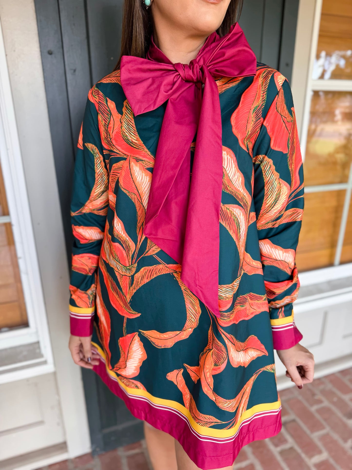 Hunter Green Tie Bow Long Sleeve Dress