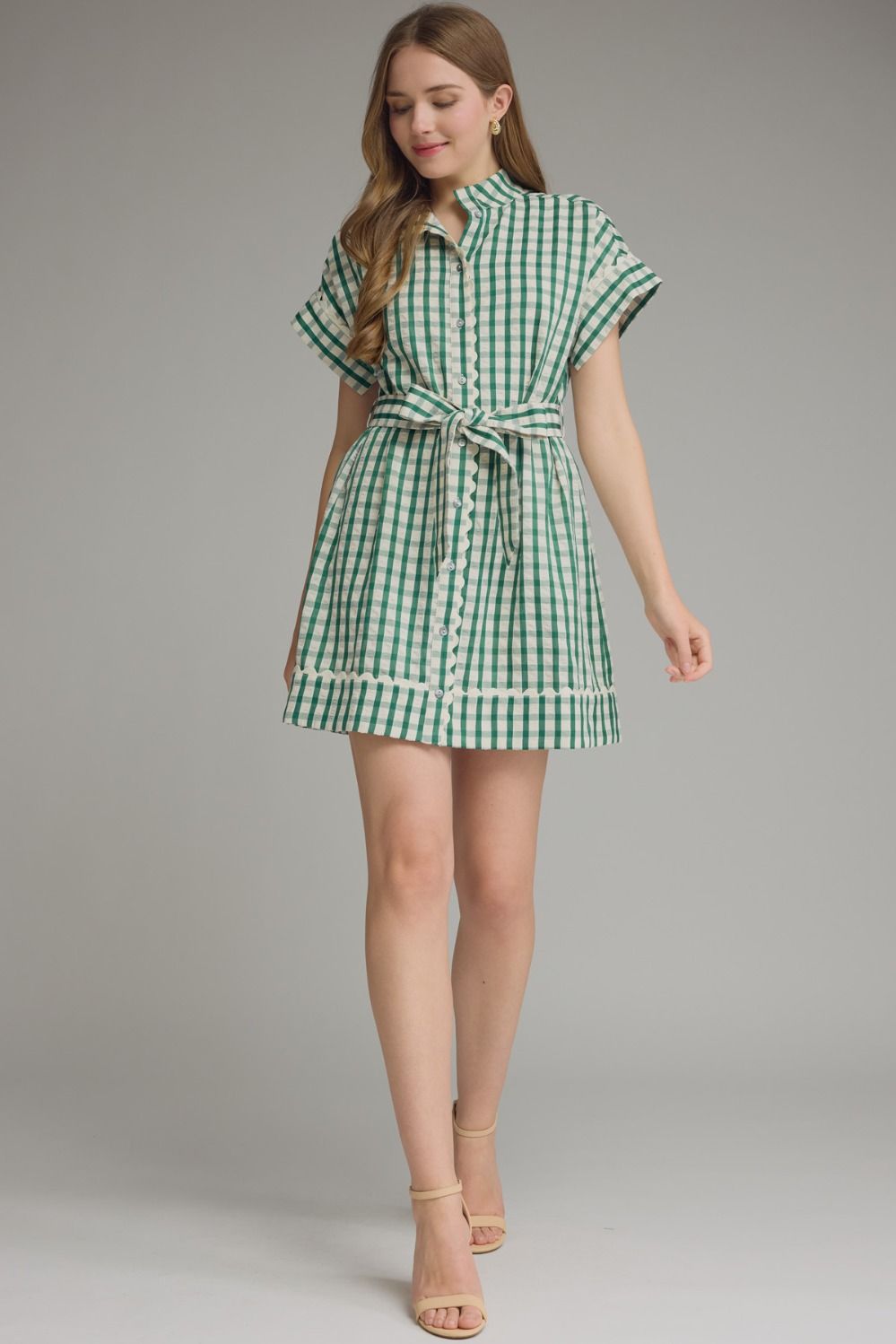 Green Gingham Ric Rac Tie Waist Dress