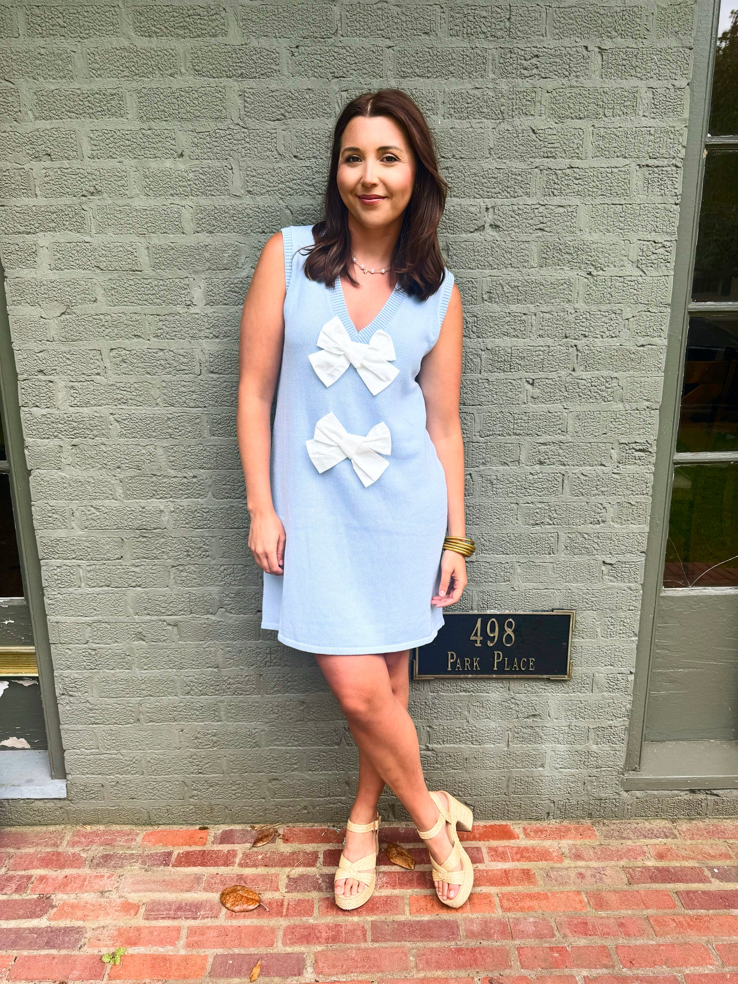 Sky/White Sleeveless Bow Dress