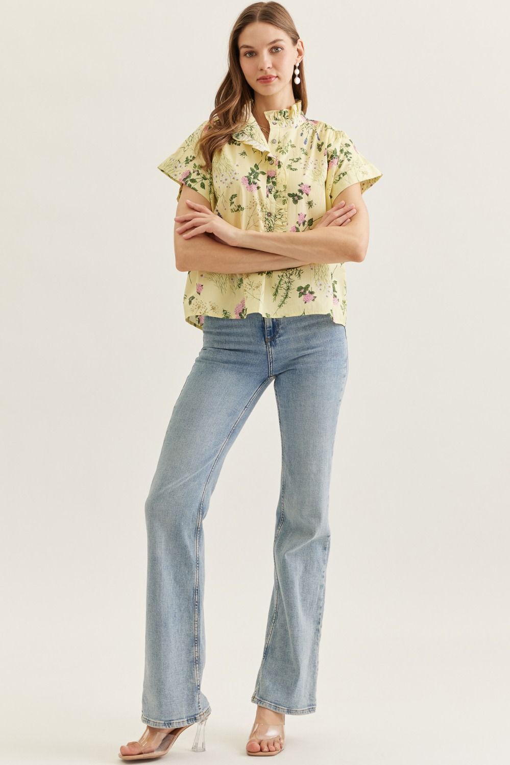 Yellow Floral Ruffle Trim Top