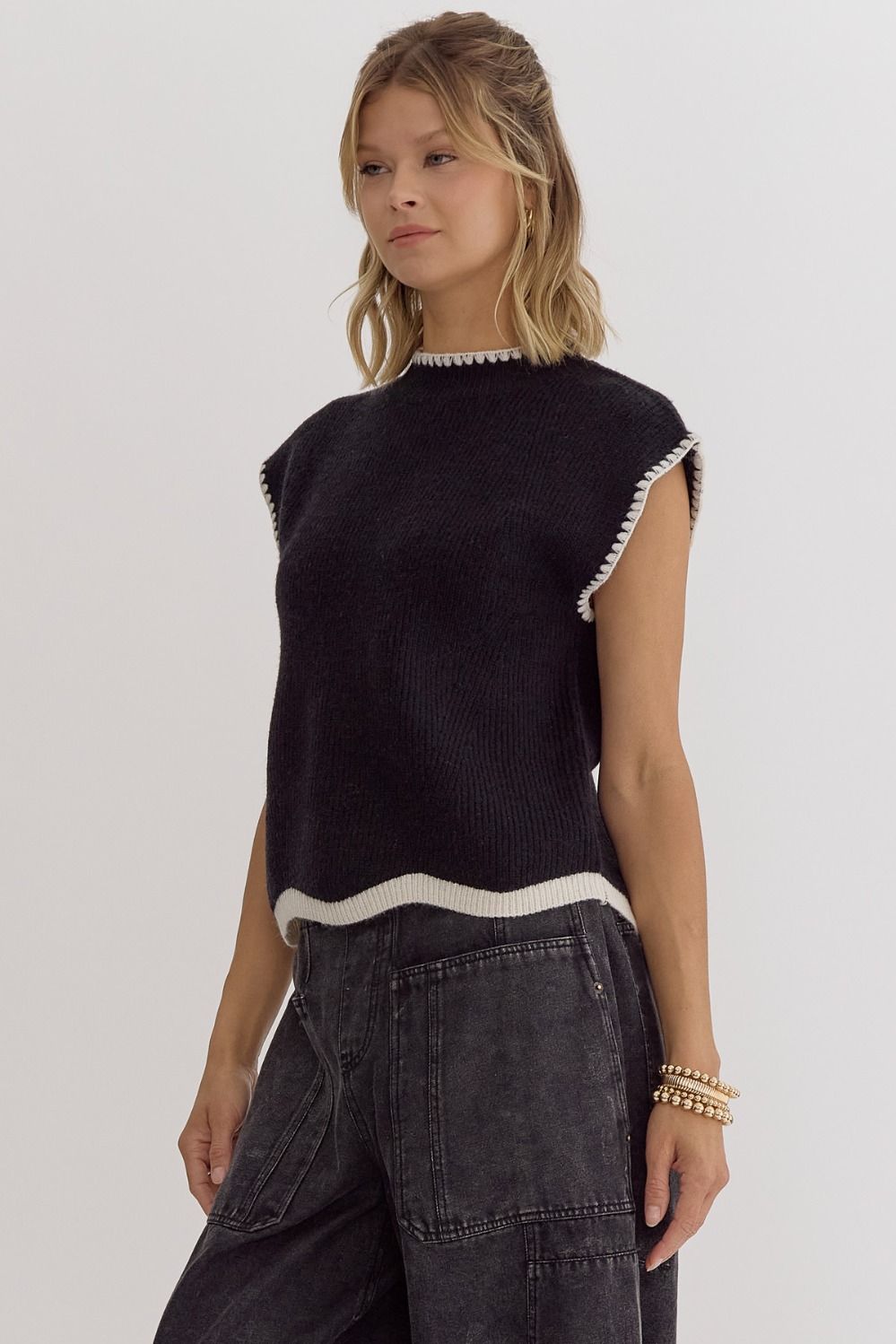 Black Scallop High Neck Sleeveless Sweater