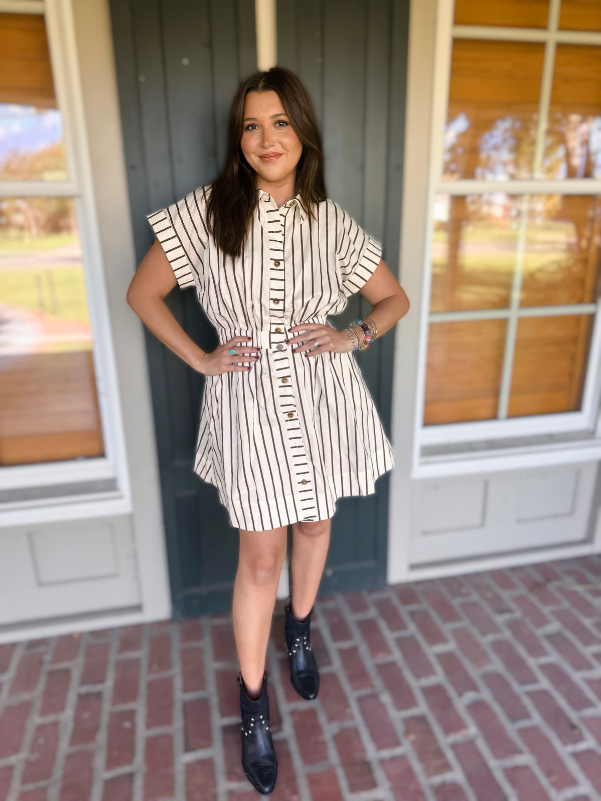 Cream Brown Stripe Shirt Dress