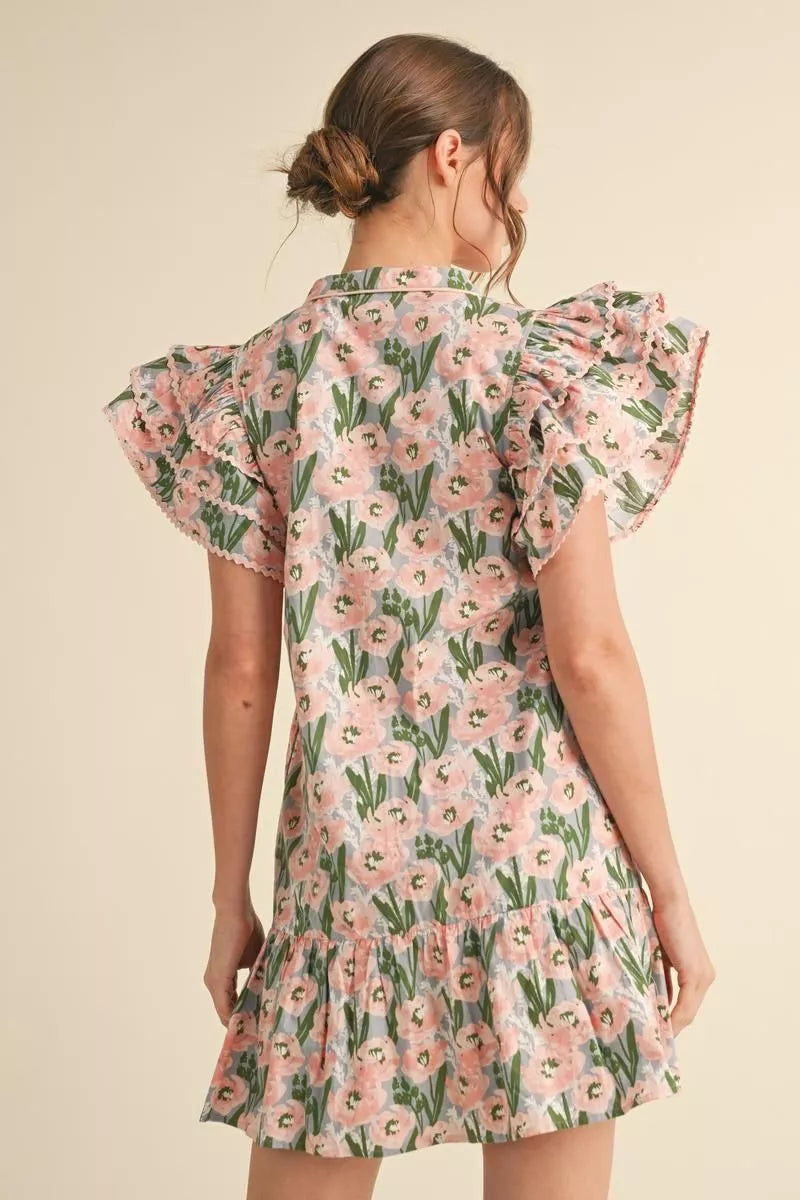 Apricot Pink Floral Flutter Sleeve Dress