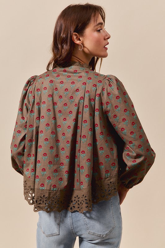 Brown Floral Lace Trim Top
