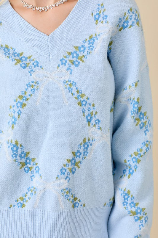 Light Blue Floral Ribbon Print Sweater