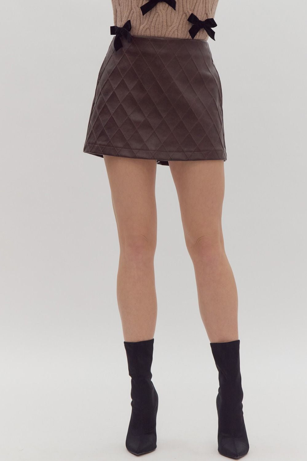 Brown Quilted Faux Leather Skort