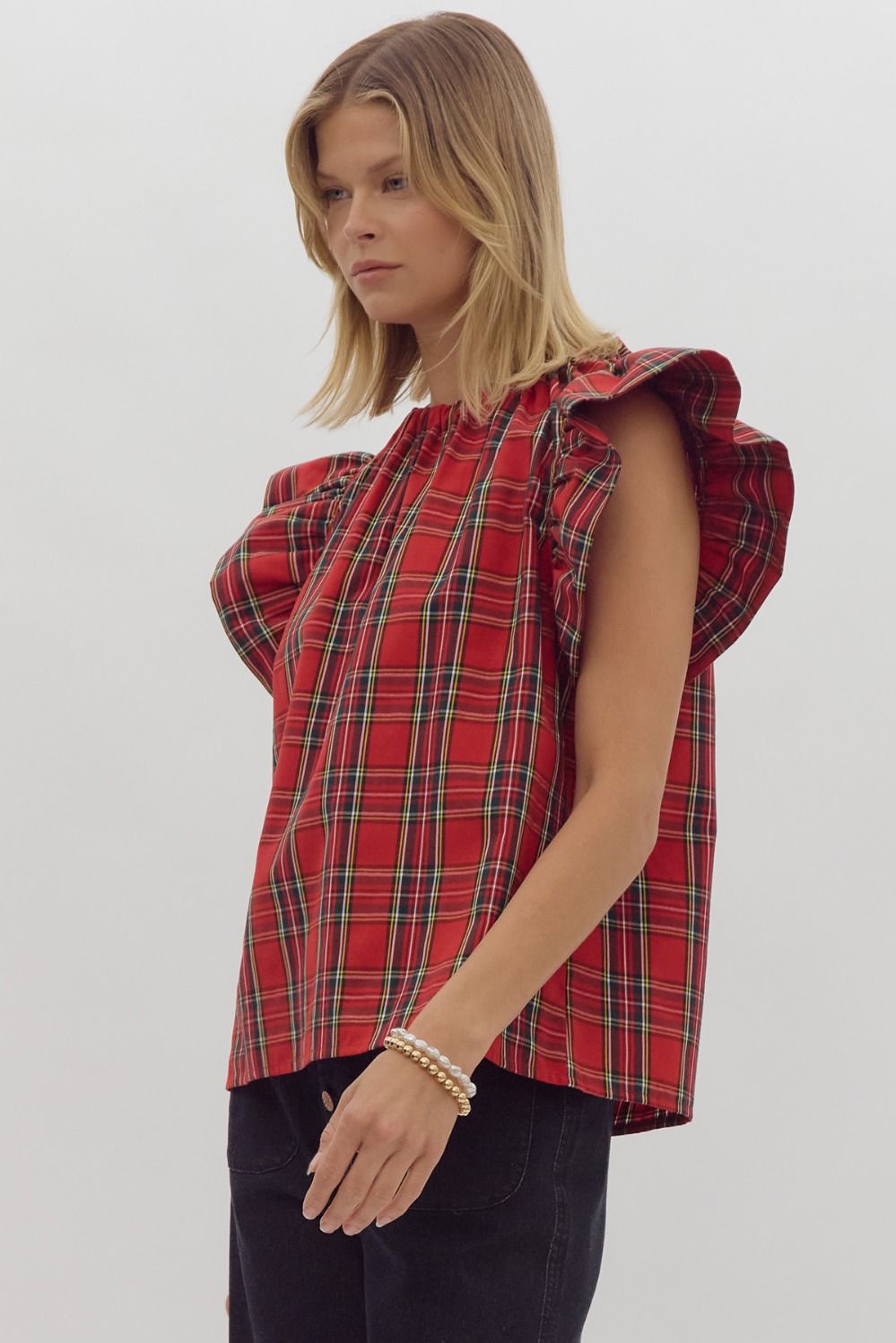 Red Tartan Ruffle Sleeve Top