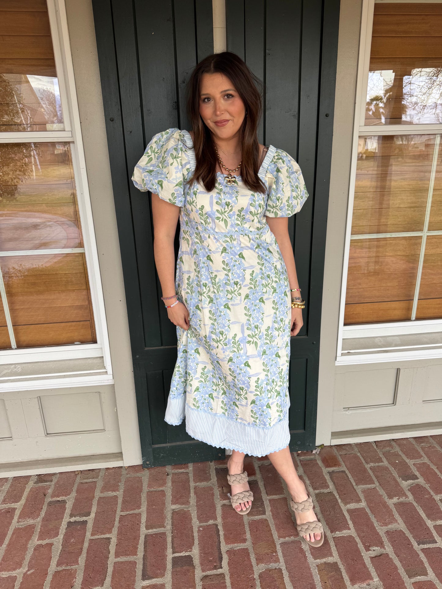 Blue Floral Scallop Trim Dress