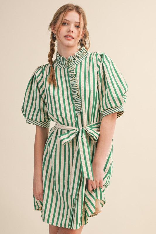 Green Stripe Ruffle Neck Dress