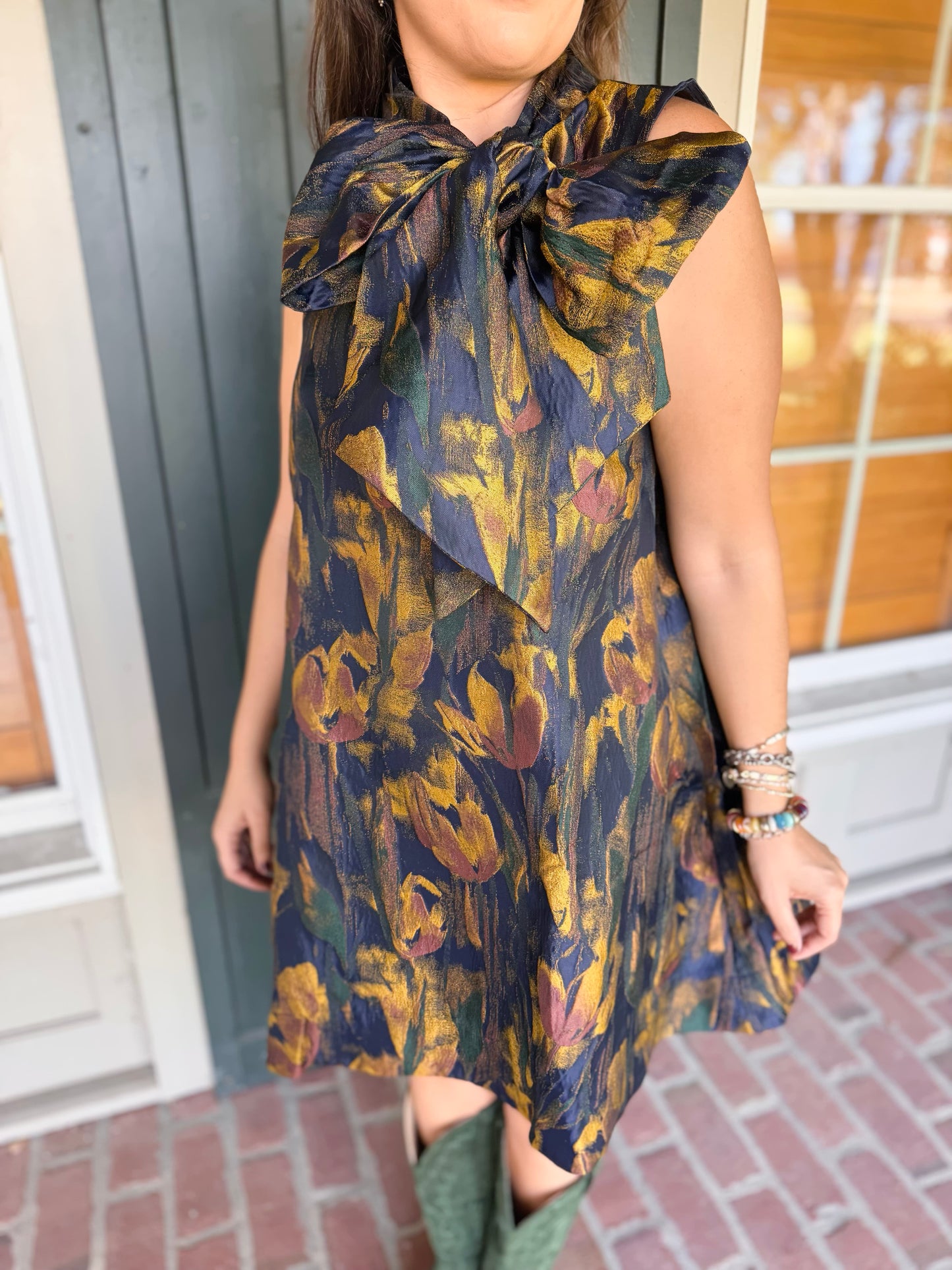 Mustard/Green Jacquard Tie Neck Sleeveless Dress