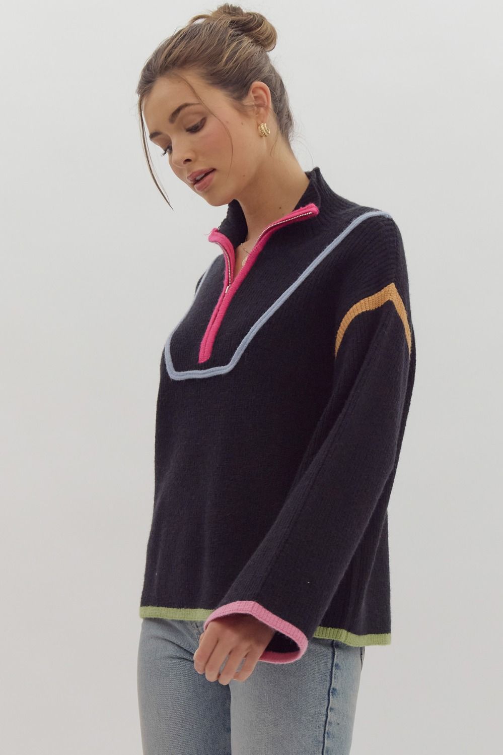 Black Multi Color Trim Half Zip