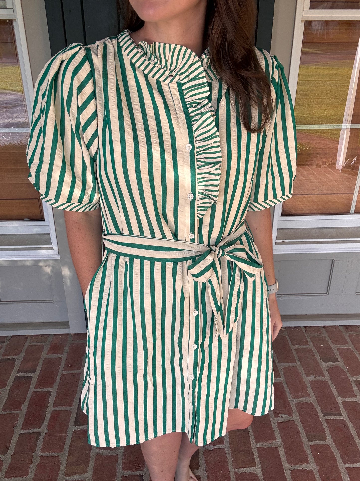 Green Stripe Ruffle Neck Dress