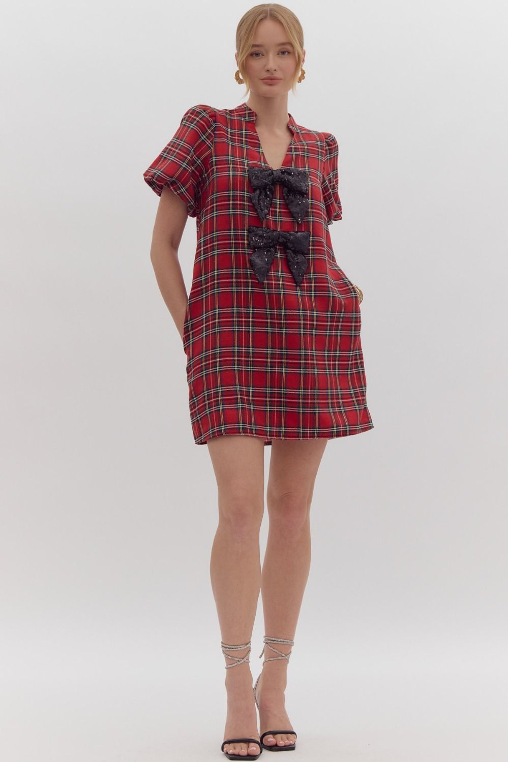 Red Tartan Sequin Bow Dress