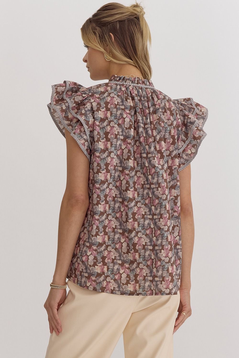 Brown Floral Slutter Sleeve Top