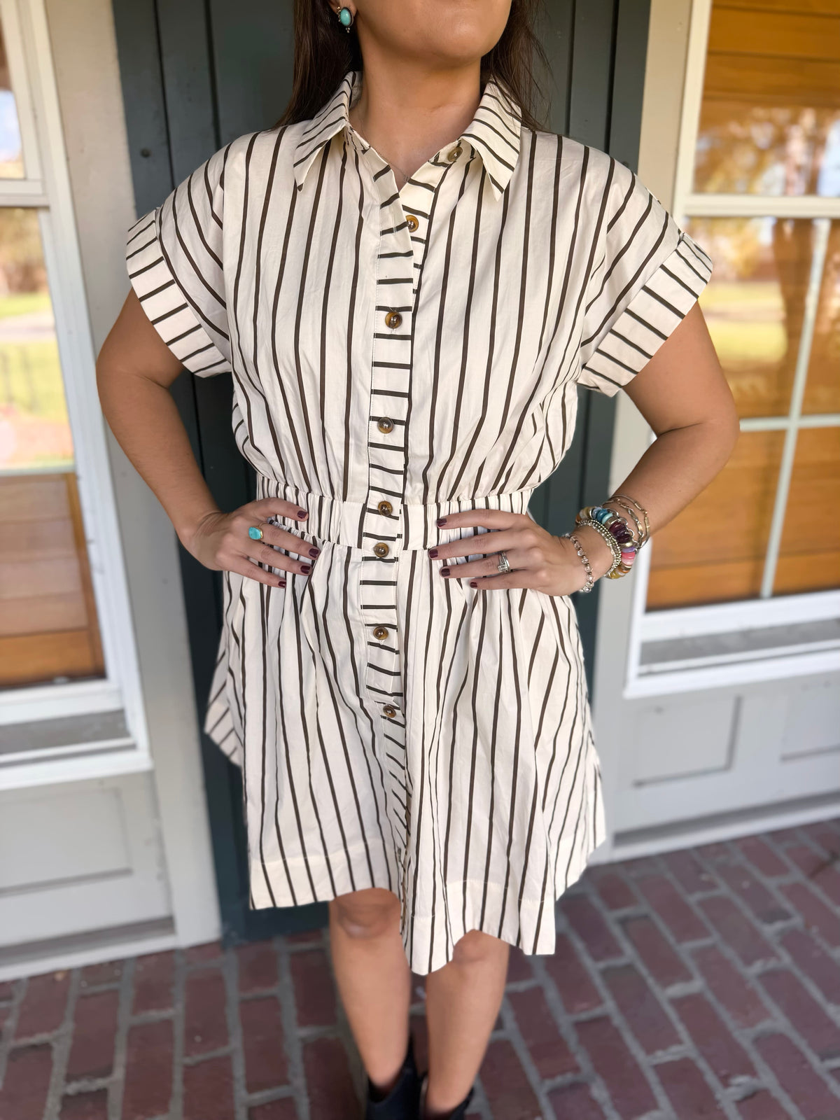 Cream Brown Stripe Shirt Dress