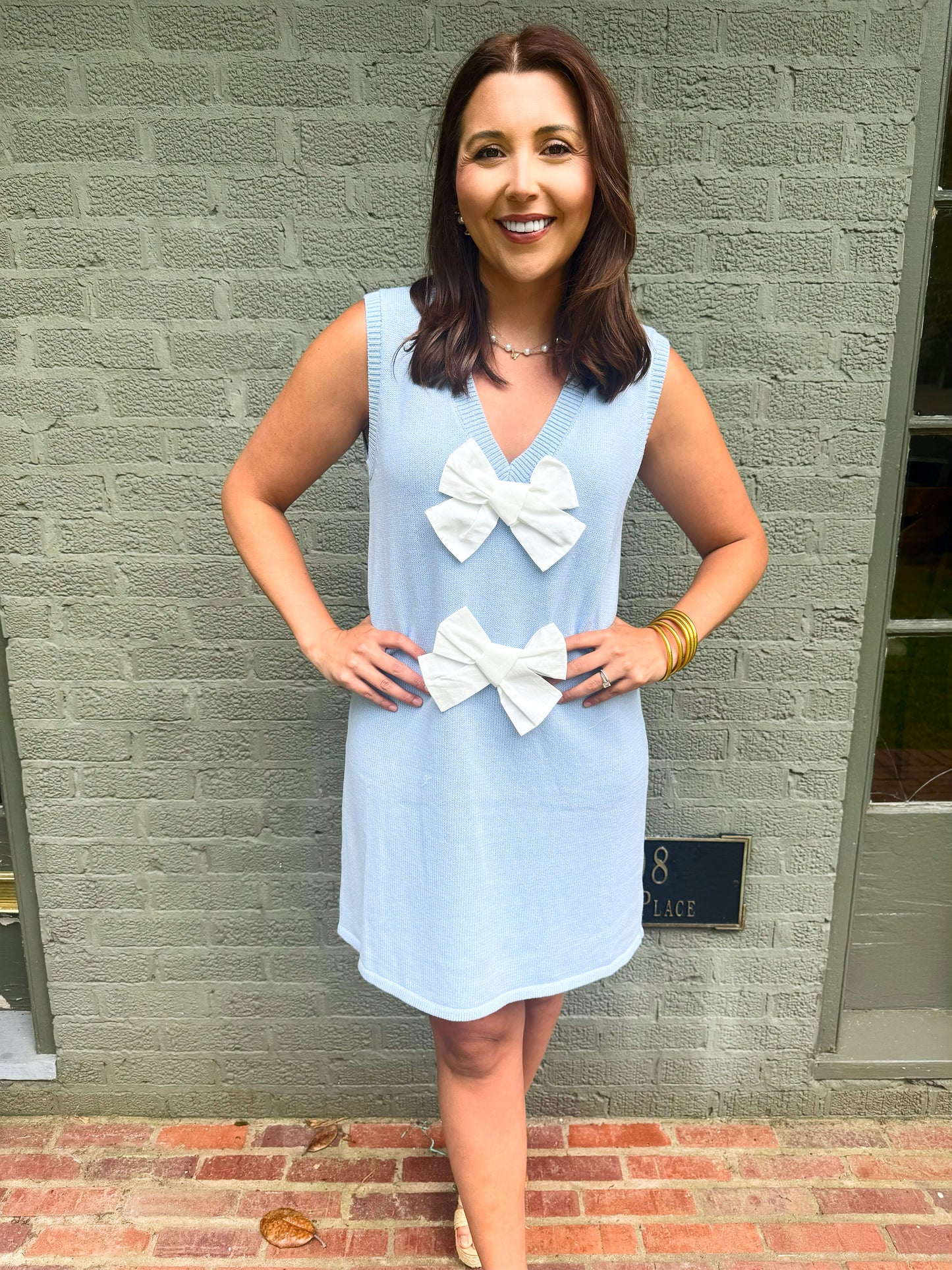 Sky/White Sleeveless Bow Dress