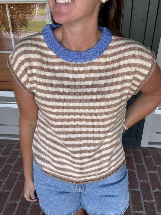 Taupe Stripe Mock Neck Top