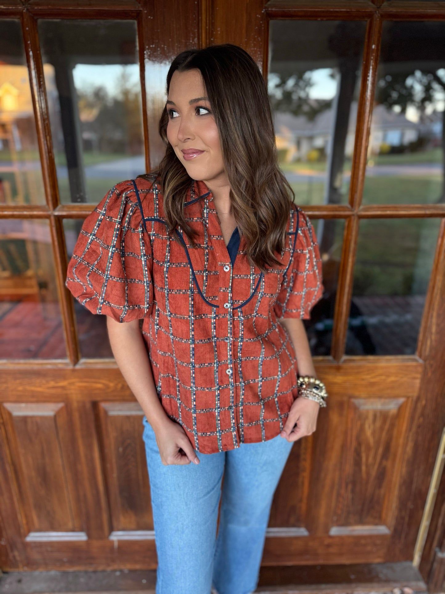 Rust Puff Sleeve Plaid Corduroy Top